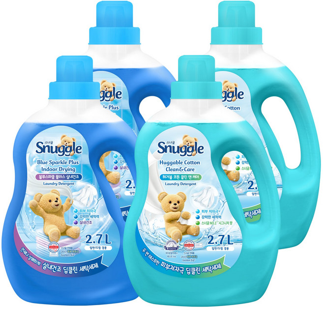 스너글 액체 세탁세제 본품 2.7L 블루스파클 2개+허거블코튼 2개
