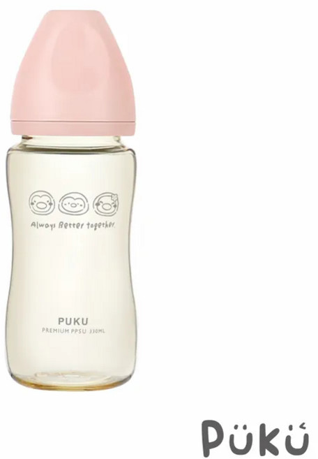 PUKU 藍色企鵝飽飽歐蕾PPSU寬口奶瓶330ml，寶寶學飲奶瓶，安全耐用, 霧粉, 1個, 330ml