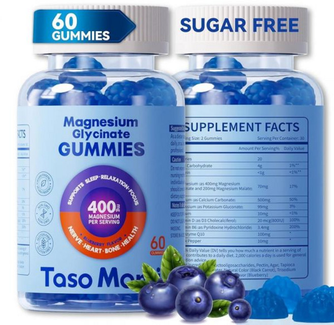 마그네슘 글리시네이트 젤리 400mg 무설탕 비건 츄어블 성인 및 아동용 - 수면 근육 뼈 인지 건강을 지원하는 높은 흡수력 비타민 D3 B6 C CoQ10 블루베, 60, 1개