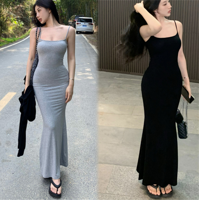 Akimu 여자 슬림핏 나시 롱 원피스 A라인 뷔스티에원피스