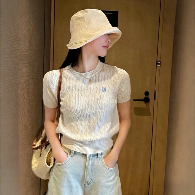 샤일리 여성 라운드넥 꽈배기 반팔 니트