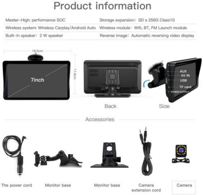터치스크린 터치모니터 사이니지 범용 자동차 라디오 멀티미디어 비디오 플레이어 무선 카플레이 및 안드로이드 카메라 포함 인치, 없음, 2) 7inch 12LED Camera