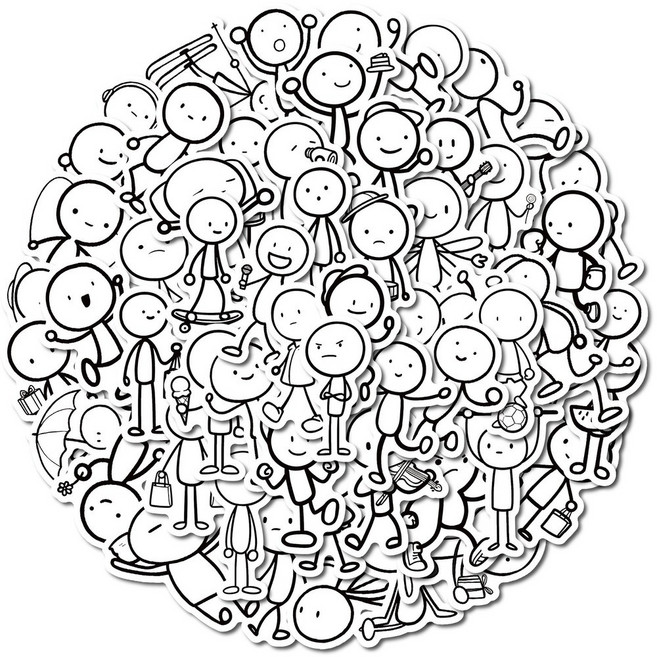 Q版人物貼紙 黑白極簡線條風格 手機行李箱裝飾貼紙, T01042845, 1個