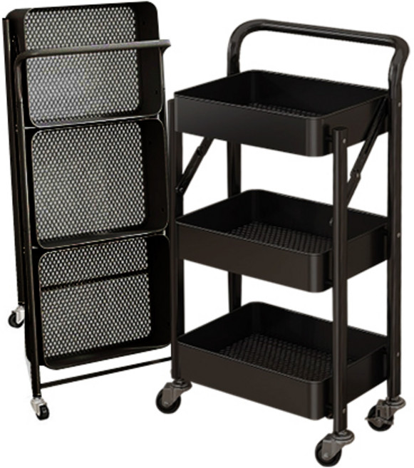 그리에티 접이식 이동식 트롤리 수납함, 블랙, 3단