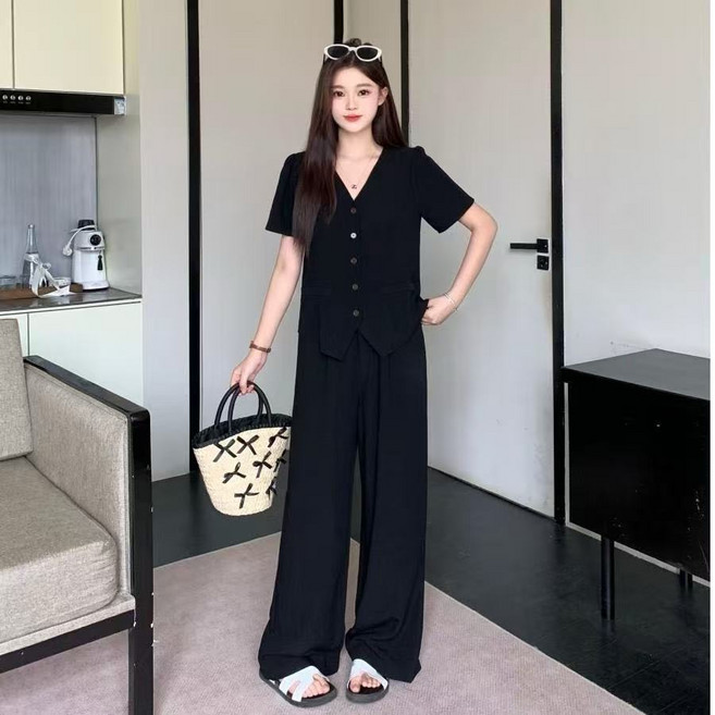 AURALA 여성 투피스 여름 빅사이즈 루즈핏 패션 브이넥 정장 상의+와이드 팬츠 세트