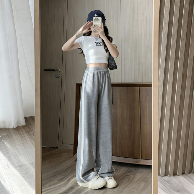 BiimTee 여성 하이웨이스트 와이드 트레이닝팬츠 사이드 라인 루즈핏 캐주얼 바지