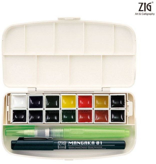 지그 쿠레타케 투명고체물감 14색 워터브러쉬 드로잉펜 세트