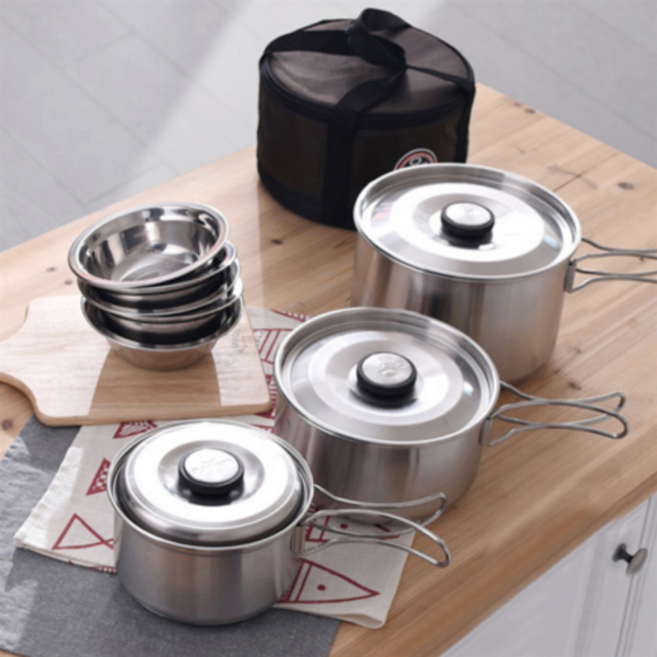 [까사니] 스텐 코펠 냄비 세트 냄비 캠핑 냄비 후라이팬 접시 그릇 3-4인, 1개, 상세 설명 참조, 상세 설명 참조