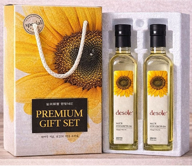 [무료배송]데솔레100% 해바라기씨유세트(500ml-2P) 유리병오일 설추석선물 명절 안전포장 기름 식용유, 1세트