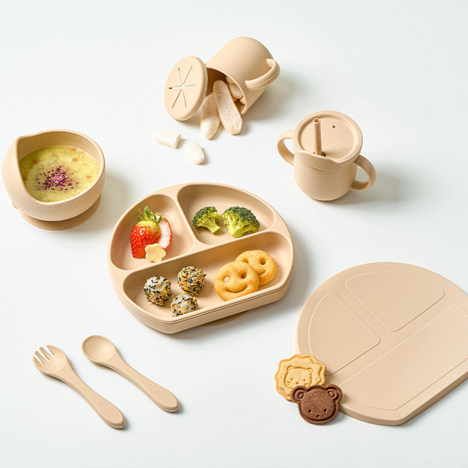 어텀31 유아 실리콘 식기 올인원 세트, 1세트, 흡착식판+흡착볼+컵+스푼+포크, 베이지