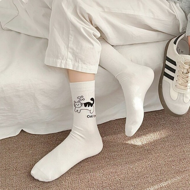 SamSamHee여성 면 중목 양말 귀여운 캐릭터 디자인 데일리 양말 통기성 좋은 편안한 착용감 사계절 착용 4족 세트