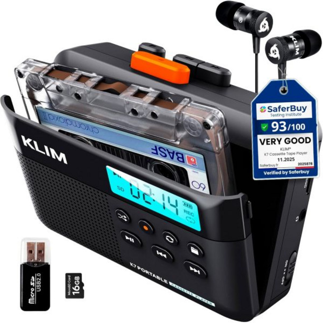 KLIM K7 카세트 테이프 플레이어 - 카세트에서 MP3로 변환기 휴대용 내장 마이크 및 스피커 충전식 배터리 이어폰 16GB SD 카드 블랙-오렌지