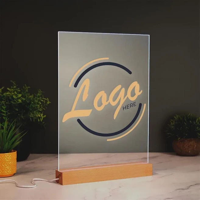 맞춤형 아크릴 LED 비즈니스 간판 회사 로고 데스크 디스플레이 인쇄 사무실 장식 QR led 기업 선물, 02 12x18cm, 03 Customized logo