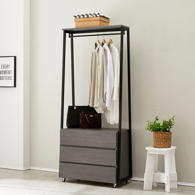 공간철학 행거장 옷가게 간이 이동형 미니 드레스룸 철제 옷장 싱글 원룸 행거 서랍장, 오크브라운800(3단행거)