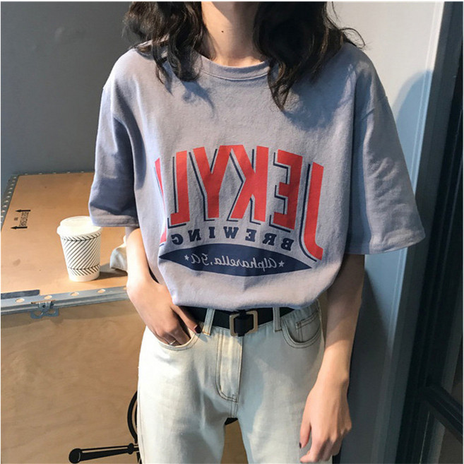 夏季韓版字母印花寬鬆大尺碼短袖T恤女裝學生上衣