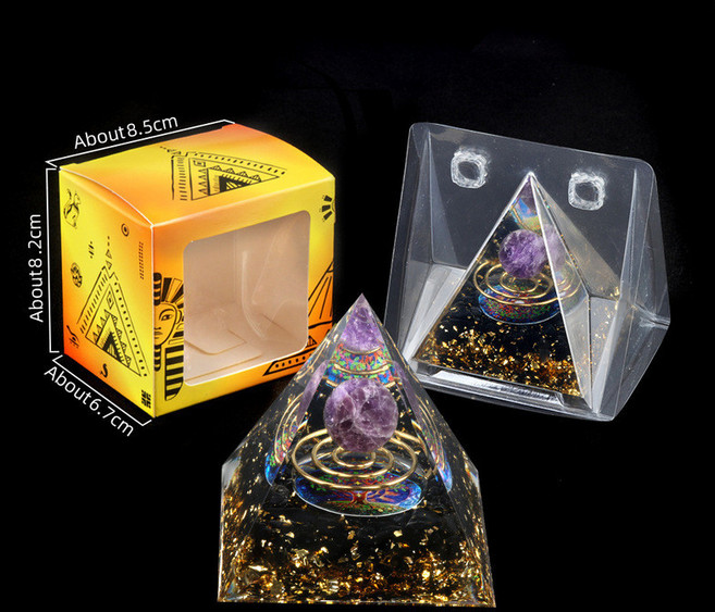 樹脂膠包裹水晶碎石金字塔擺件 家居小擺件 盒裝, 紫晶＋鋼圈＋黑曜