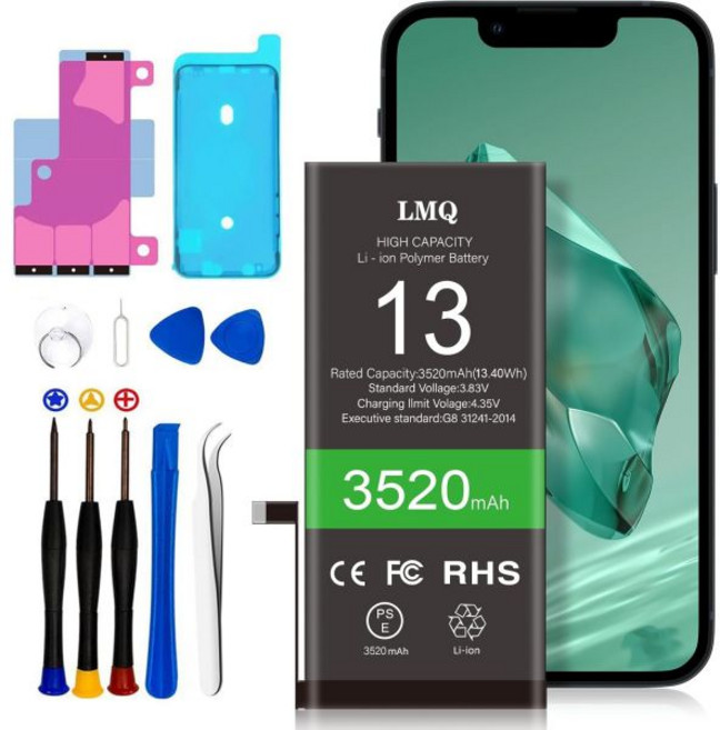 LMQ 3520mAh 대용량 배터리 (iPhone 13 호환) iPhone 13용 0 사이클 리튬 폴리머 교체 (모델 A2633 A2482 A2631 A2634 A2635)