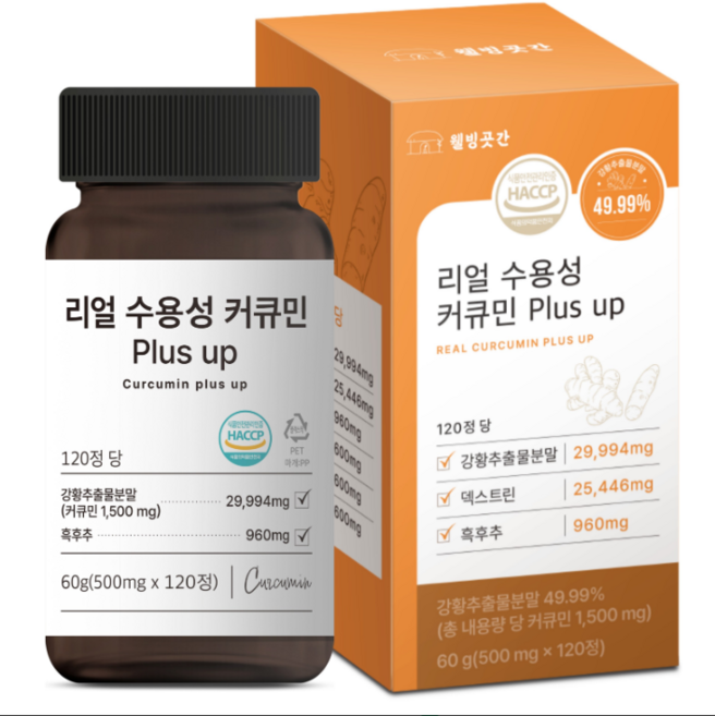 웰빙곳간 리얼 수용성 커큐민 PLUS UP HACCP 식약처 인증, 3개, 120정