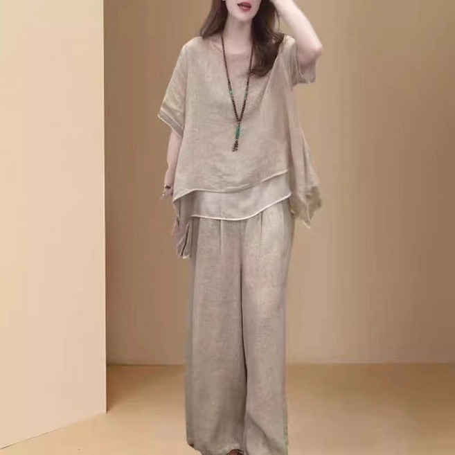 여름 여성 투피스 세트 린넨 소재 시원 통기성 여름철 편안 착용감 반팔 티셔츠 여름 바지 데일리 룩 캐주얼 외출 생활복 자수 개량한복 치마바지 상하복