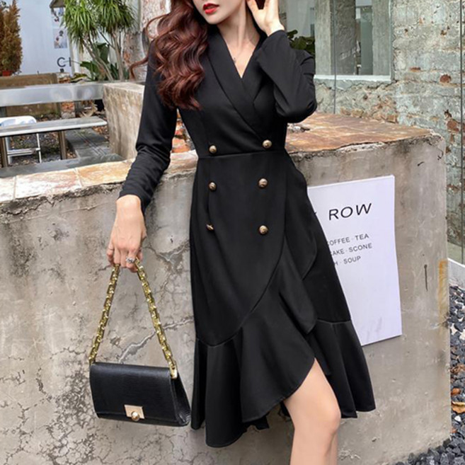 [순이야] C.여성 금장 더블 단추 프릴 원피스