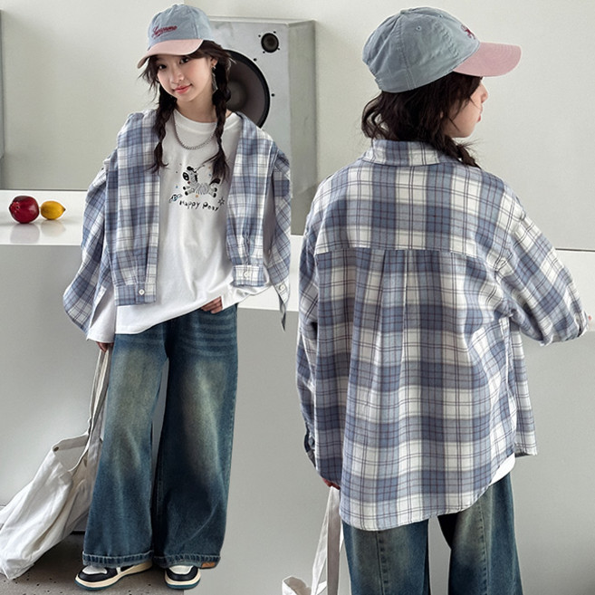 비비키드 여아 말 자수 체크 셔츠 봄 가을 초등생 긴팔 외투 상의 초중생 주니어 점퍼 (99638)