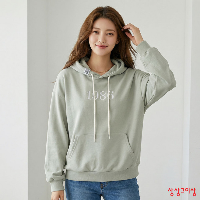 상상그이상 여성용 국내제작 1986후드긴팔 간절기 캥거루주머니 긴팔 후드티 심플레터링 포인트 봄 가을 겨울 부드러운면소재