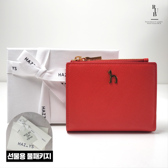 헤지스 여성 비비드 레드 소가죽 반지갑 선물용 풀패키지