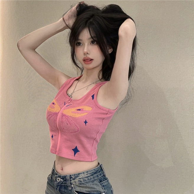 粉色小上衣 辣妹風拉鍊蝴蝶印花針織背心