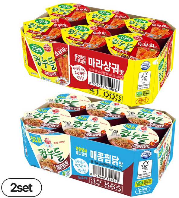 오뚜기 LIGHT&JOY 당을줄인컵누들 매콤찜닭맛 컵 51g 12개+ 고단백컵누들 마라샹궈맛 12개(총 24개)