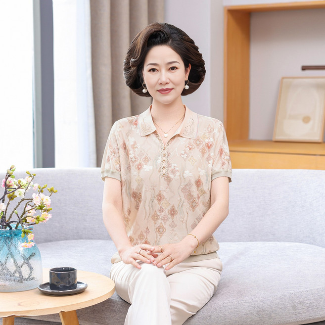 길조 40대 50대 중년 여성 반팔니트 여름 티셔츠 통기성 편안함