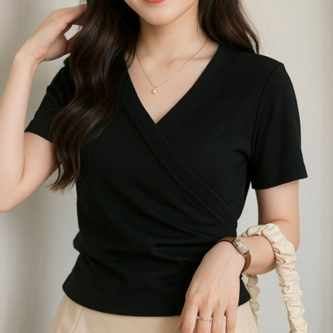 여성 여름 기본 브이넥 반팔티 검정 티셔츠 여름용 슬림 흰색 옆셔링