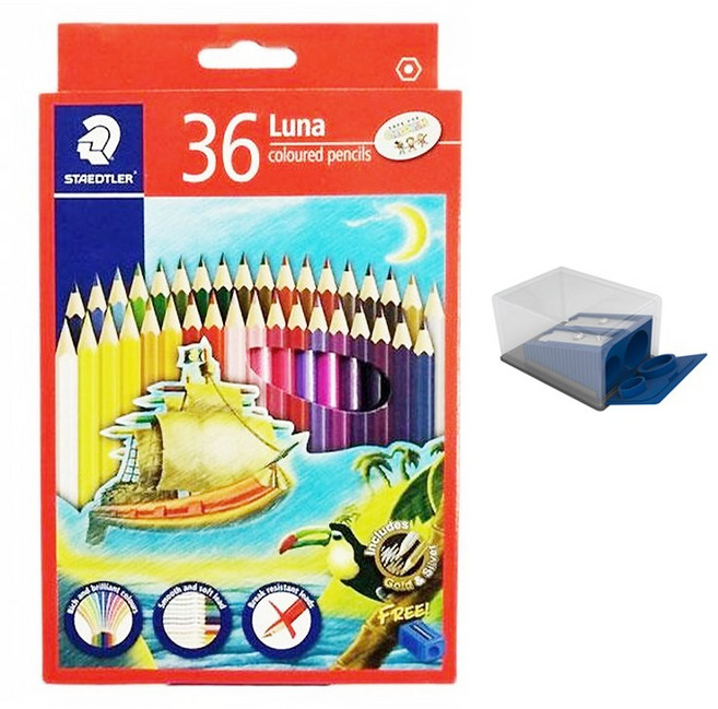 스테들러 루나 색연필 + 2홀 사각 튜브 연필깎이 세트, 36색(색연필), 랜덤발송(연필깎이), 1세트