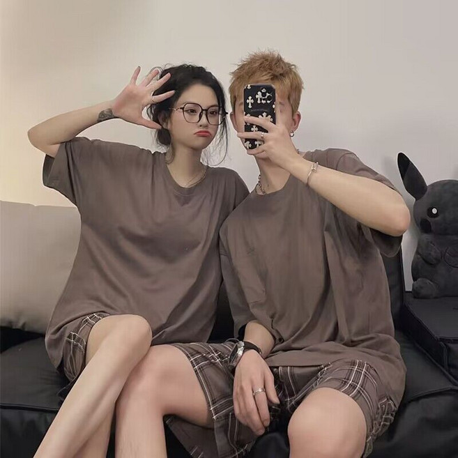 미중 여름 커플룩 홈웨어 뉴 파자마 무지 패션 얇은 박시 반팔 반바지 두벌 세트 jjyy