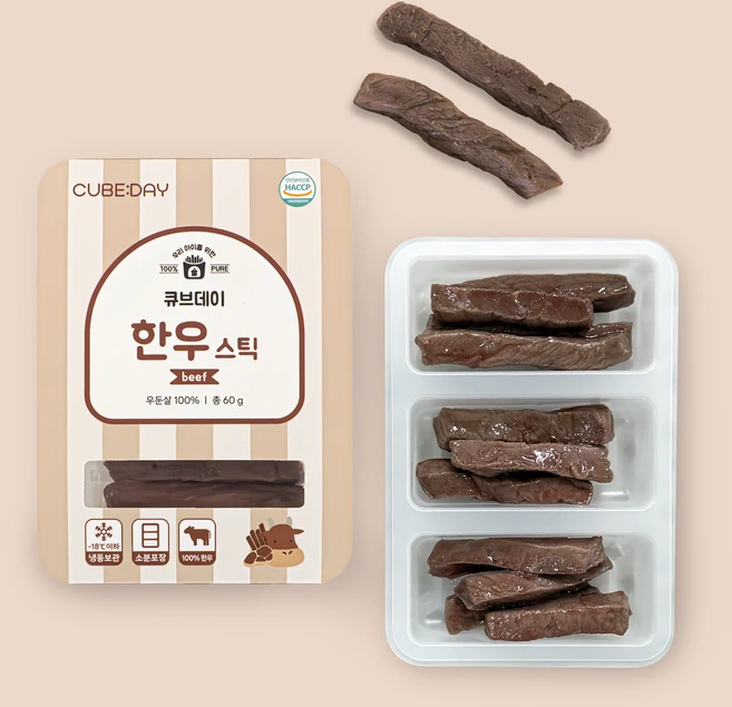 큐브데이 익힌 한우스틱 소고기 핑거푸드 다진 야채 채소 토핑 죽 자기주도, 1개, 60g - 쿠팡