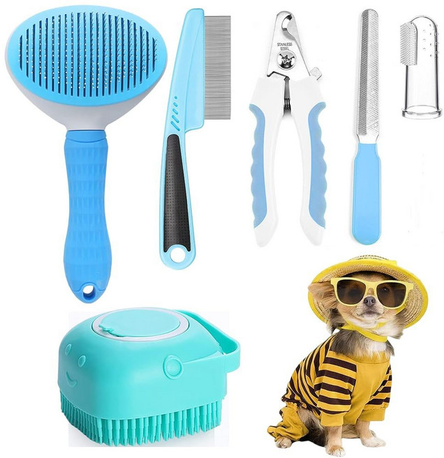 와이낫펫 강아지 고양이 브러쉬 발톱깎이 6종 세트, 1세트, 블루