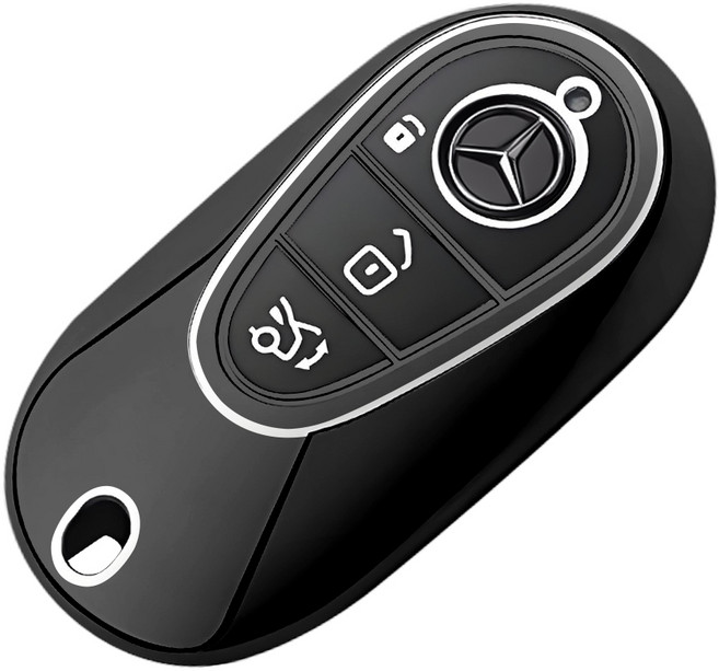MODACE 2022~2024 벤츠 신형 자동차 스마트키 케이스 TPU Benz 키홀더+가죽 메탈 키링, 브라이트 블랙, 게이스만