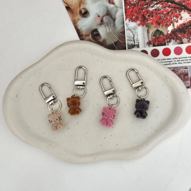 1+1 소유상점 후로킹 미니 고양이 키링, 1세트, 베이지+브라운