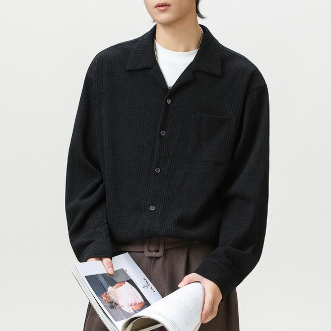 쁘띠꼬모 남자 오픈카라 와플 루즈핏 버튼 포켓 트렌디한 데일리 셔츠 WTT121657
