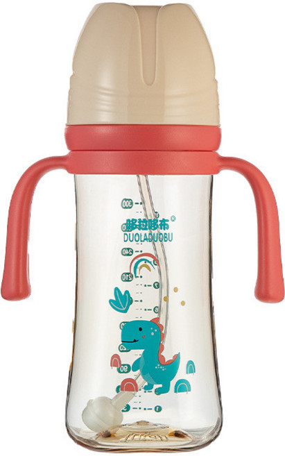 哆拉哆布 嬰兒奶瓶 帶重力球吸管 寬口徑 300ml 卡通奶瓶, 1個, 6477可愛橙300ml