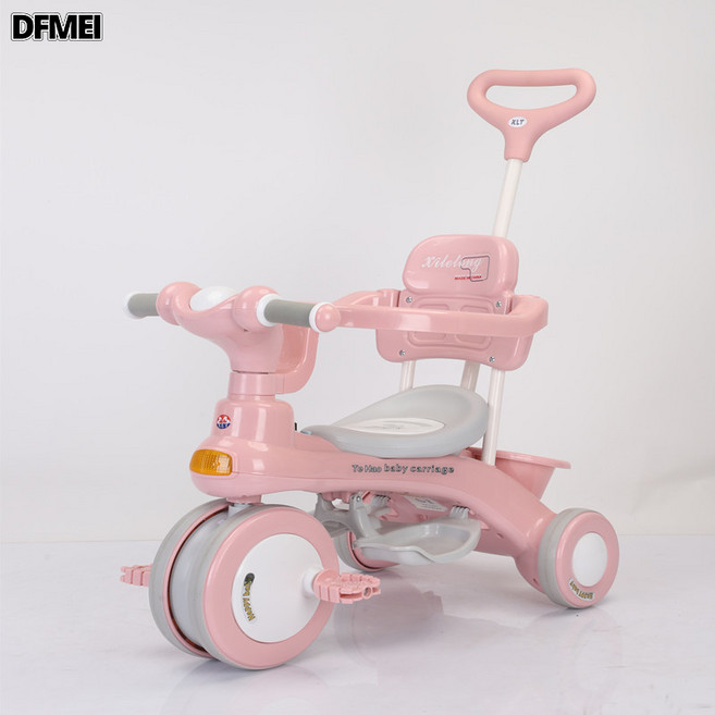 DFMEI 兒童三輪車腳踏車1到6歲可推可騎燈光音樂嬰兒推車寶寶手推車童車, 1個, 1cm, 618粉色+燈光音樂+剎車:如圖