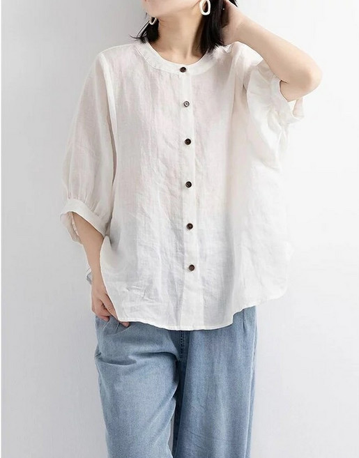 shiny藍格子 文藝風純色寬鬆燈籠袖棉麻衫 M~3XL