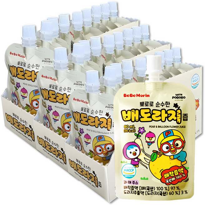 뽀로로 순수한 배도라지 어린이 캐릭터 음료수 국산 배 100% 과채주스, 30개, 80ml