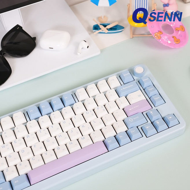 QSENN R75 풀알루미늄 풀윤활 가스켓 유무선 기계식 키보드 화이트 민트축 V1, 넌클릭 바다소금축, 블루퍼플