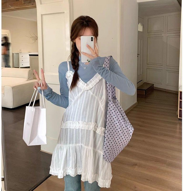 甜美奶系花邊吊帶裙 韓系疊穿連衣裙, 白色