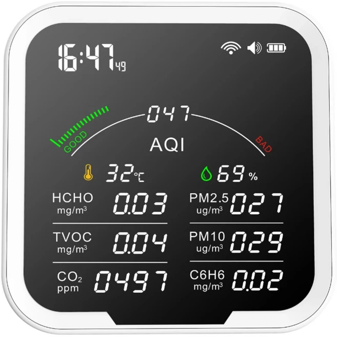 PROTMEX 투야 와이파이 온도계 습도계 시계 알람 대기 오염 모니터 9 인 1 CO2 HCHO H6C6 TVOC PM2.5 PM10, 1개