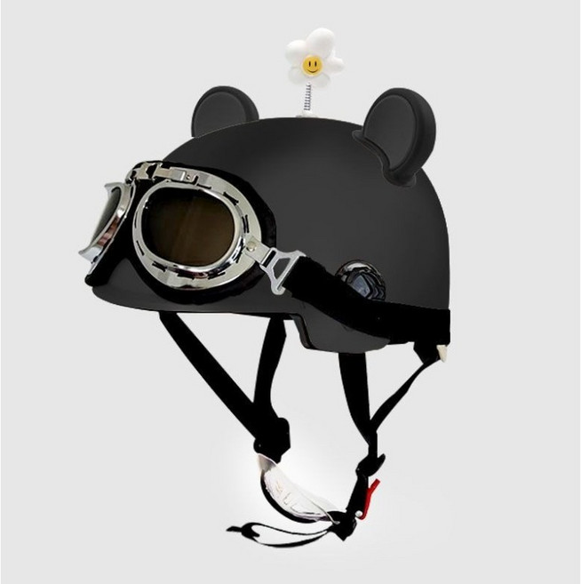 해피유통 헬멧 선바이크 헬멧 조절 가능 jhzhq, 블랙+블랙베어 귀-꽃 장식