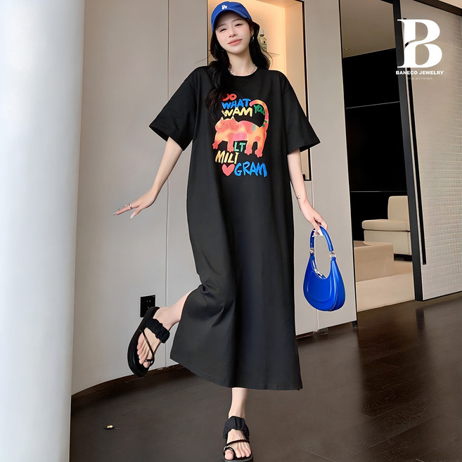 바네코 55~88 레인보우캣 빅사이즈 여성 박시 롱 원피스 티 반팔 롱 여름 홈웨어