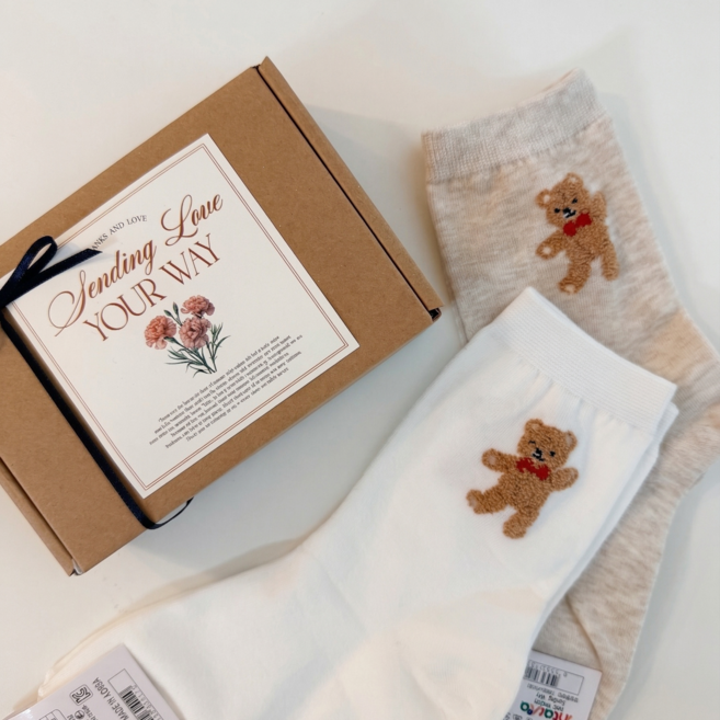 여성양말 곰돌이 자수 포인트 2켤레 선물세트 어린이집 선생님 스승의날 가정의달 마니또 선물