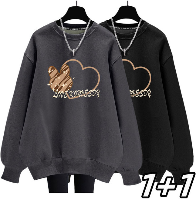 1+1 여성티셔츠 맨투맨 티 캐주얼 루즈핏 라운드넥 긴팔티 HGD25102155 47/57