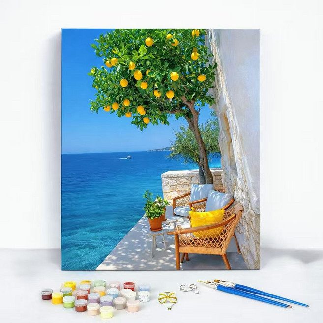 LCLC 피포페인팅 집중력 힐링 취미 유화그리기 DIY 숫자 페인팅 세트 감성 풍경 캔버스 30x40cm, 블루오션 레몬가든, 1개
